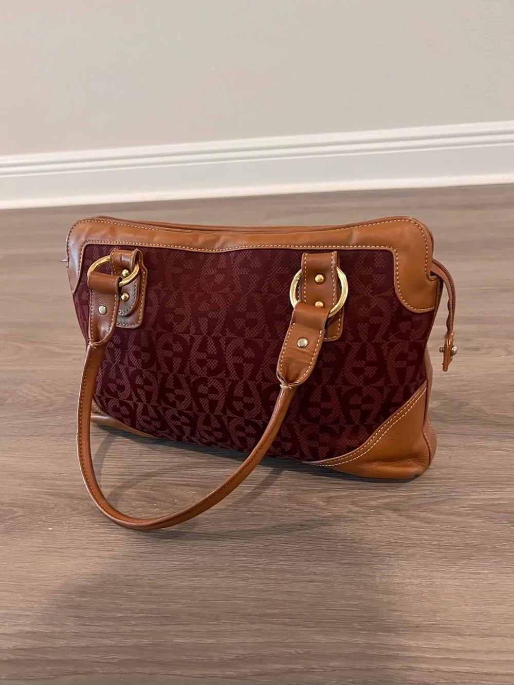 Etienne Aigner Burgundy and Tan Signature Shoulder Bag
